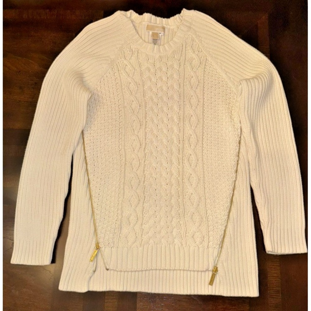 Michael Kors XL Cream Cable Knit Sweater Gold Zip Side Pullover Cotton Blend
